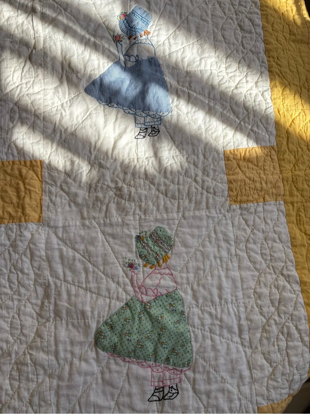 Vintage Handmade 1950s Patchwork Doll Quilt in Cream and Yellow Organic Cotton